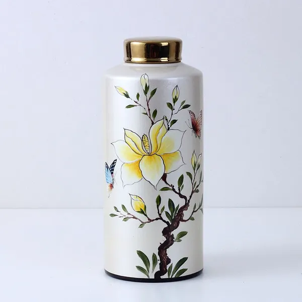 Chinese New Style Entery Luxury Yellow Butterfly And Flower Painting Ceramic Vases With Lid For Home Decoration photo-2
