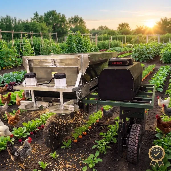 Remote Controlled Compost Spreader with Conveyor Feeding and Precision Material Distribution