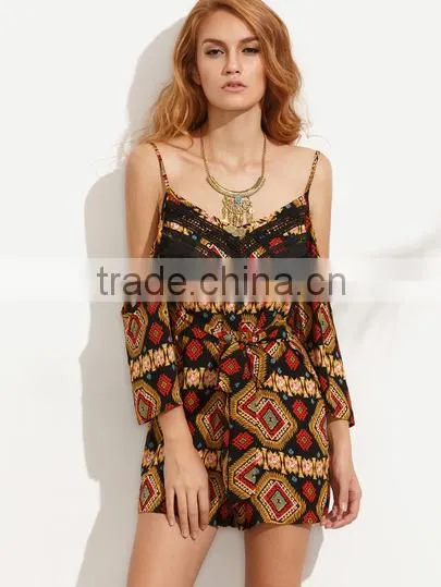 Bodysuits Latest Fashion Design Women Clothing Multicolor Print Cold Shoulder Tie Waist Jumpsuit