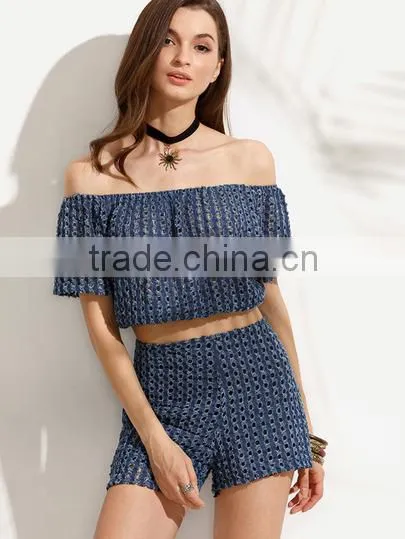 Two-piece-outfits Latest Fashion Design Women Clothing Navy Off The Shoulder Crop Blouse With Shorts