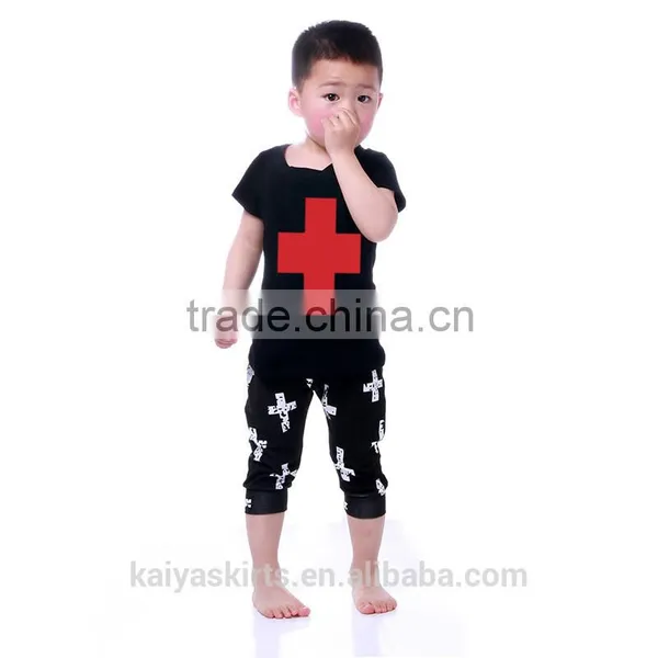 2016 Summer Kaiya Solid Cotton Printed Short T-shirt and Pant Kids Boys Clothes Sets photo-5