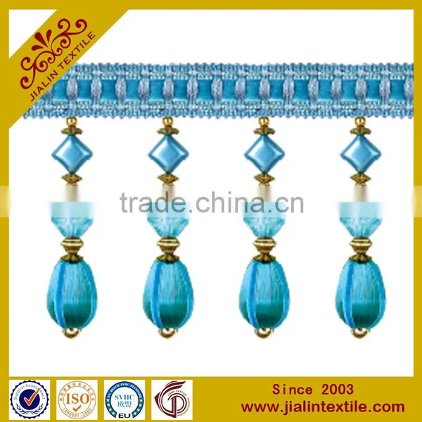 Fringes wholesalers curtain fabric crystal bead and rayon material beaded fringe with suede fabric