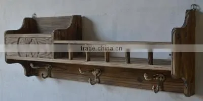 2016 New Style Vintage Wooden Shelf With Carved Drawer and Metal Hooks photo-2