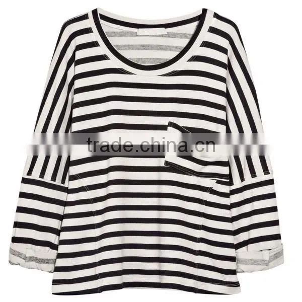 Shenzhen Winner Clothing Fashion Knitting3/4 Sleeve Black White Stipe T-shirt Manufacturer photo-2