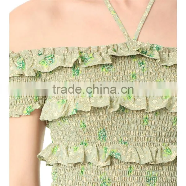2017 OEM Femme Halter Ties Dainty Floral Elastic Ruffles Frill Blouse photo-5