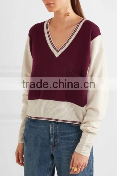 V-Neck Burgandy and Ivory Color Combination Women's Cashmere Sweater in Raglan Sleeves Design photo-2