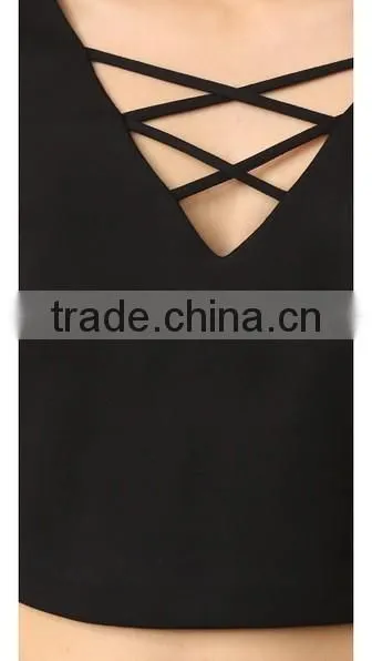 OEM Seriver Women T Shirt Black Soild Color Cotton Jesery V Necklace T Shirt photo-5