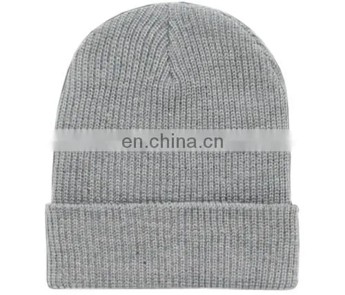 High Quality Grey Knit Acryl Beanie Hat 100% Polyester Fleece Cap Woven Label photo-5