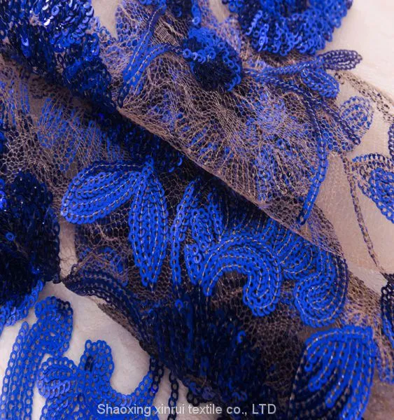 Cheap Wholesale Glitter Blue Fringe Flower Sequin Lace Fabric photo-3