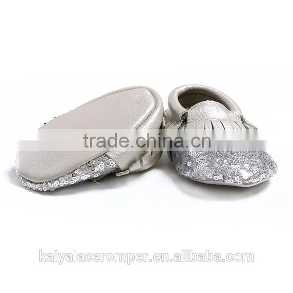 Silver Sequin Charcoal Fringe Baby Leather Moccasins,Toddler Leather Baby Shoes photo-3