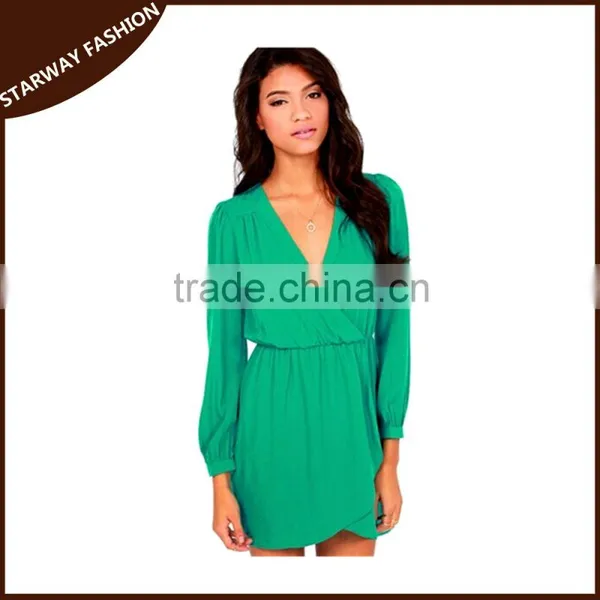 Hot Selling Summer Women V Neck Long Sleeve Casual Dress/