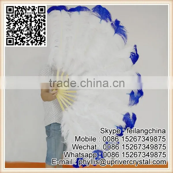 Wedding Party Decoration 30-32 Inch Large White With Blue Ostrich Feather Fan photo-2