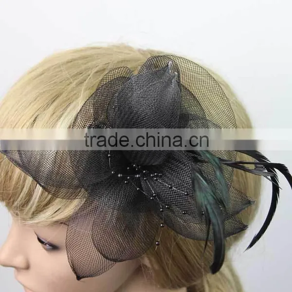 2015 Pin Hot Black Flower Feather Organza Mesh Hair Clip Fascinator Wedding