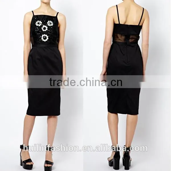 2015 Wholesale Black Halter Sexy Fashion Beaded Midi Dress New Model Girl Dress