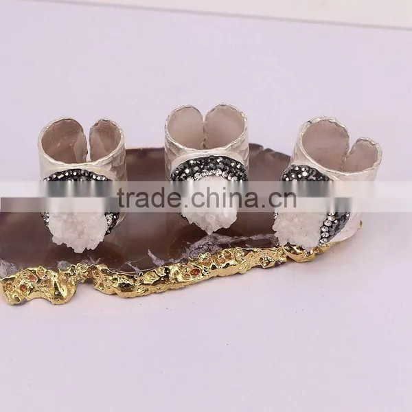 Natural White Quartz Stone Druzy Rings, Metal Copper Silver Plated Wide Band Crystal Zircon Paved Gem Stone Ring photo-2