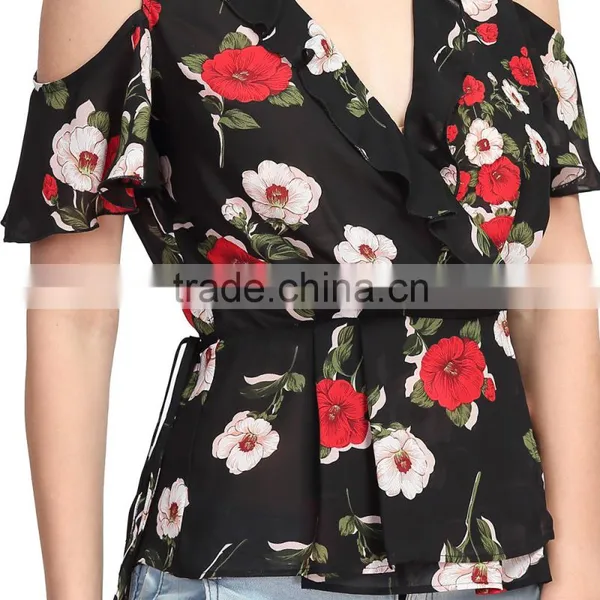Woman Back Neck Design Chiffon Latest Fashion Image New Printed Blouse photo-2