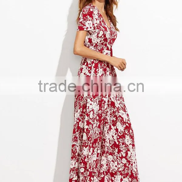 Woman Fashion Short Sleeve Floral Print Button Down Long Maxi Dress photo-4