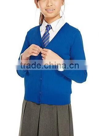 Latest! High Quality Bright Blue Button Through V-Neck Girls Long Sweater With Ribbed Trim photo-2