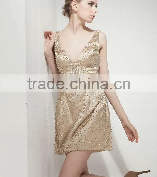 Spring New Design A-line V-neck Short/mini Sequined Evening Dress Lace Party Gowns photo-2