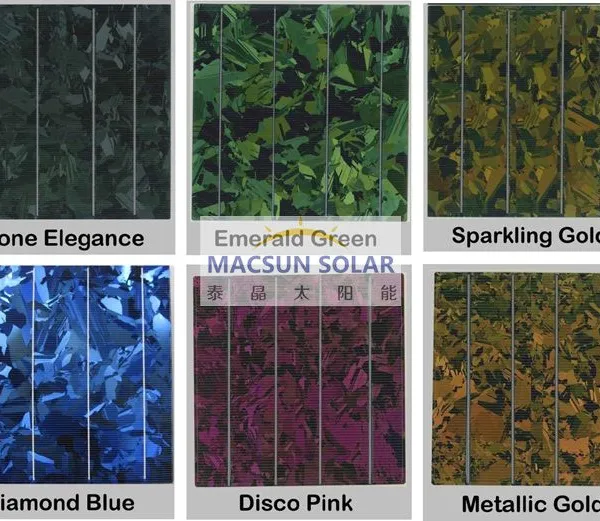 Product Name： Corful Solar Cells PHYSICAL CHARACTERISTICS： Color：Stone Elegance | Emerald Green | Disco Pink | Sparkling Gold | Metallic Gold | Diamond Blue Dimension： 156.75 mm x 156.75 mm +/- 0.25 mm Thickness (si)： 200 um +/- 20um Front： Silic photo-2