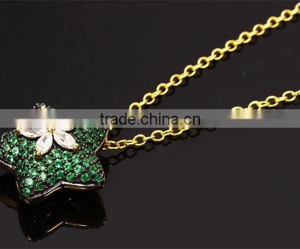 New White Gold Green Color CZ Stones Star Charm Pendant Jewelry Necklace Set photo-3