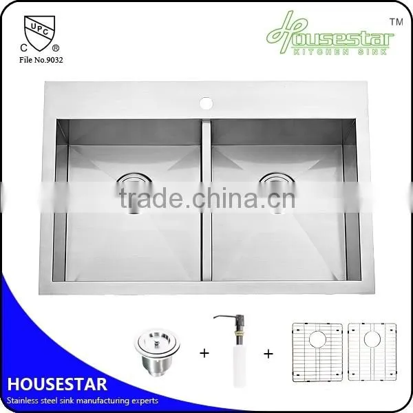 R3318 CUPC Approved Undermount Double Bowl Handmade Stainless Steel Kitchen Wash Sink With Brush Finish photo-6