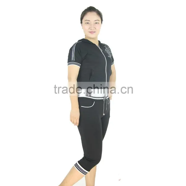 Women Short Sport Jogging Suit Cotton Jersey Shiny Emb. & Print Full Zipper Hooded photo-4