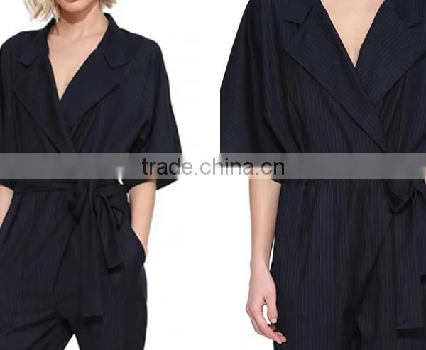 Women V Neck Belted Short Sleeve Stripe Regular Fit Jumpsuit photo-6
