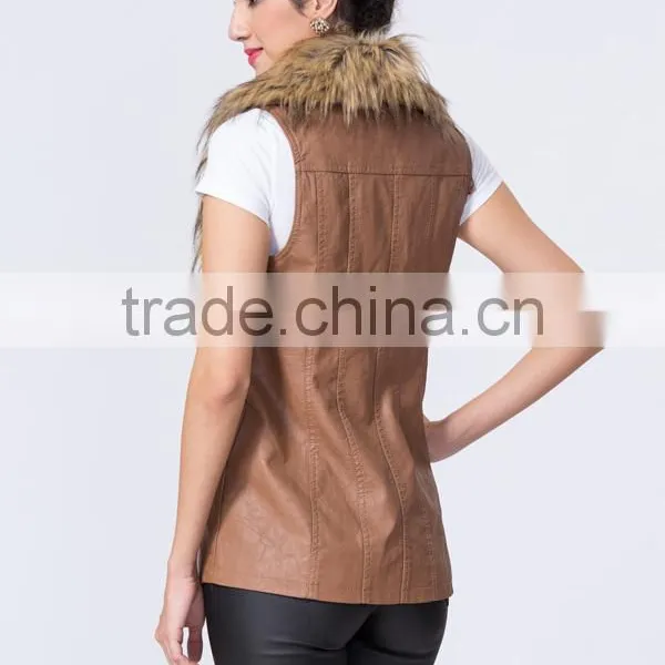 New Fashion Wholesale Clothing Manufacturers Women PU Gilet With Fur Collar photo-2