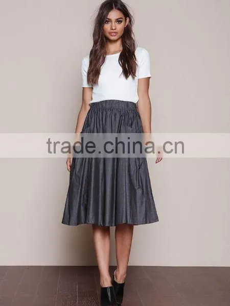 MGOO Elegant Hot Sale Black Midi Skirt With Pockets Fashion OEM African Skirts Chambray Flare Dress photo-6