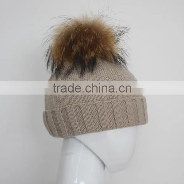 Myfur Winter Woolen Knitting Beanie Hat With Removable Raccoon Fur Bobble Top photo-4