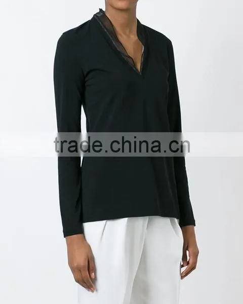 Custom Women Long Sleeve V Neck Plain T-Shirts,New T Shirts Design V Neck Black Blank Plain t Shirt for Women photo-4
