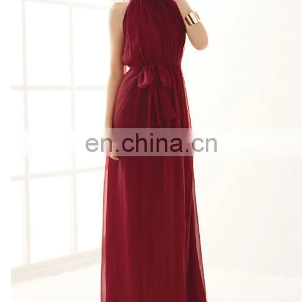 CHEFON High Neck Chiffon Red Evening Dresses Long photo-2
