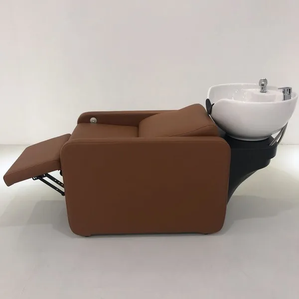 Modern Style Hair Salon Brown Leather Shampoo Chair With White Washing Sink & Adjustable Footrest for Styling Salon photo-3
