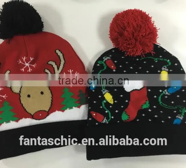 Safty Christmas Hat Decoration Holiday Led Beanie Gift Reindeer and Sock Pattern