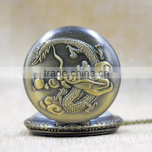 2016 China Classic Vintage Bronze Engraved Dragon Quartz Pocket Watch Pendent Chain Necklace Gift photo-6