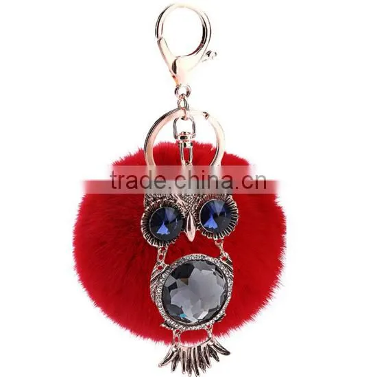 Rhinestone Owl Bag Keychain With 8cm Rabbit Fur Ball photo-2