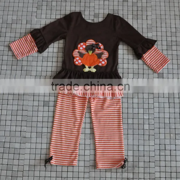 New Coming Brown Turkey Top Matching Orange and White Chevron Pants Thanksgiving Baby Clothes photo-3