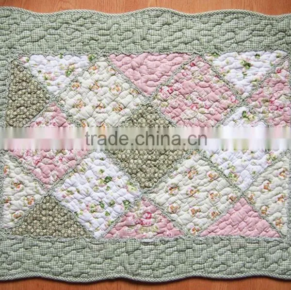 Vintage Floral Green Pink Patchwork Quilted Cotton Bedroom Bath Floor Mat Rug
