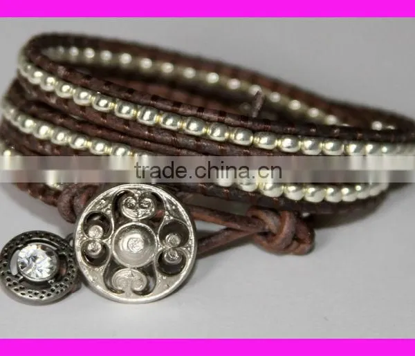 GZKJL-BL0183 Silver Beaded Bracelet Vintage Charm 3x Leather Wrap Bracelet