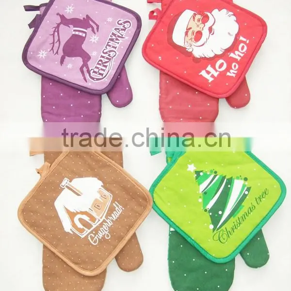 Christmas Printed Cotton Kitchen Pot Holder Oven Mitten Set Shipping From China photo-2