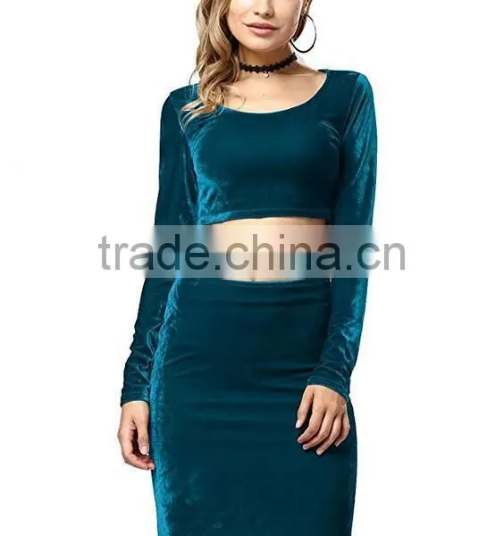 Dropshipping Apparel 2017 Latest Fashion Women's Pleuche Sexy Bodycon Crop Top Midi Skirt Dress 2 Piece Outfit Set photo-5