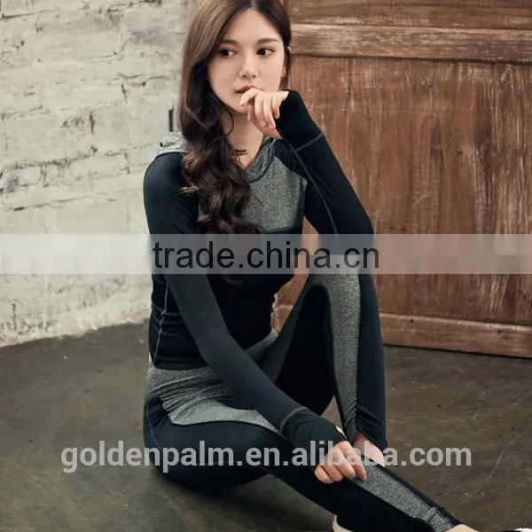 Women Contrast Color Polyester Blend Spandex Hoodies and Yoga Pants photo-3