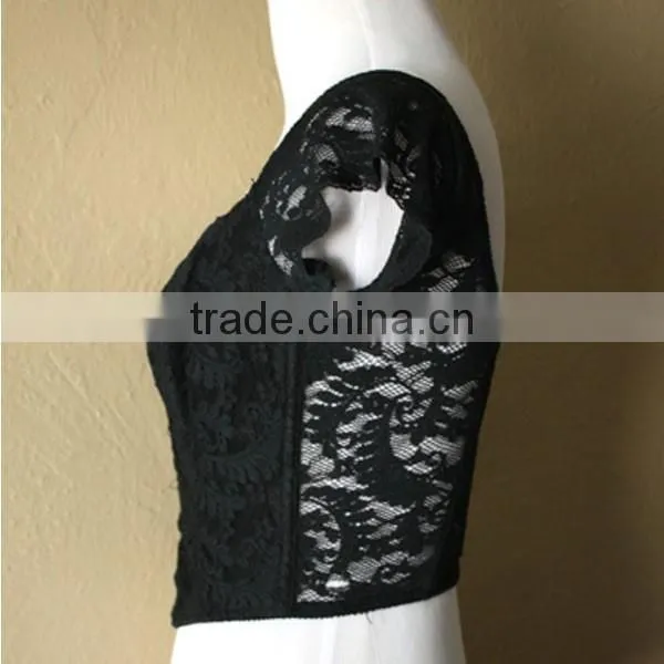 Hot Sexy Girl With Cap Sleeve Custom Black Lace Crop Top photo-3