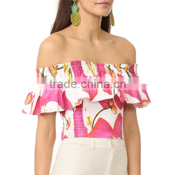 2017 Summer off Shoulder Bold Floral Print Flounce Best Blouses photo-3