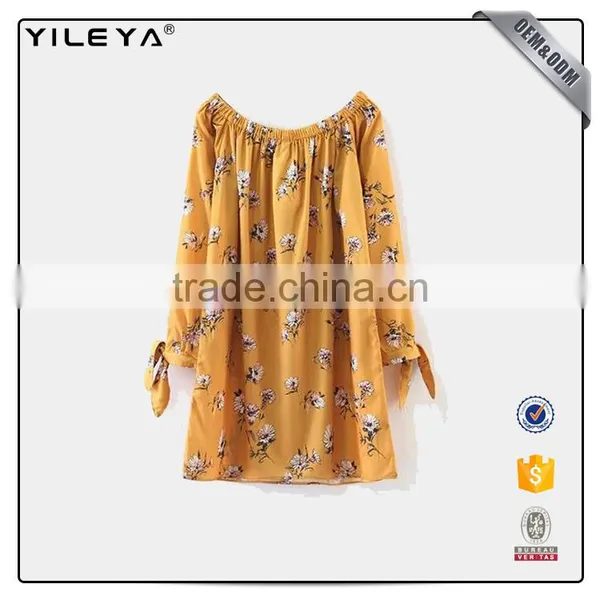 2017off Shoulder Long Sleeve Floral Printed Dress Loose Yellow Dress photo-2