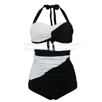 Women's Hanging Shoulders Backless Swimsuit Large Size High Waist Block Color Beachwear Swimwear Sexy Bikini photo-3