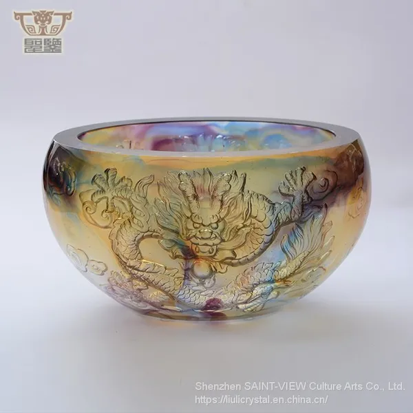 Handmade Casting Art Glass Chinese Dragons Treasure Bowl Fengshui Ornaments photo-3