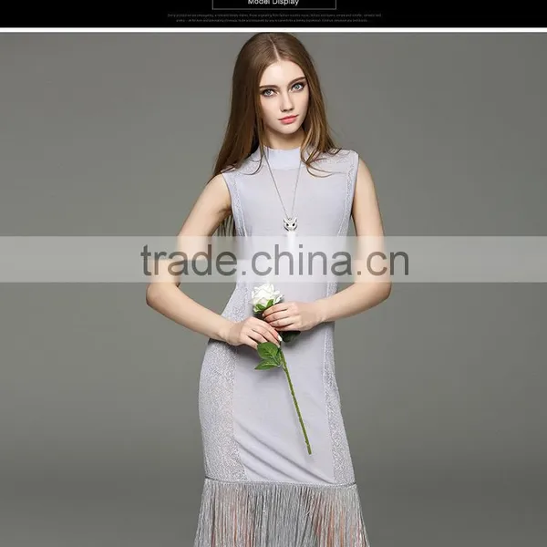 2017 Hot New Women Hollow Knit Dress Sleeveless Slim Hip Long Dress With Tassel photo-4