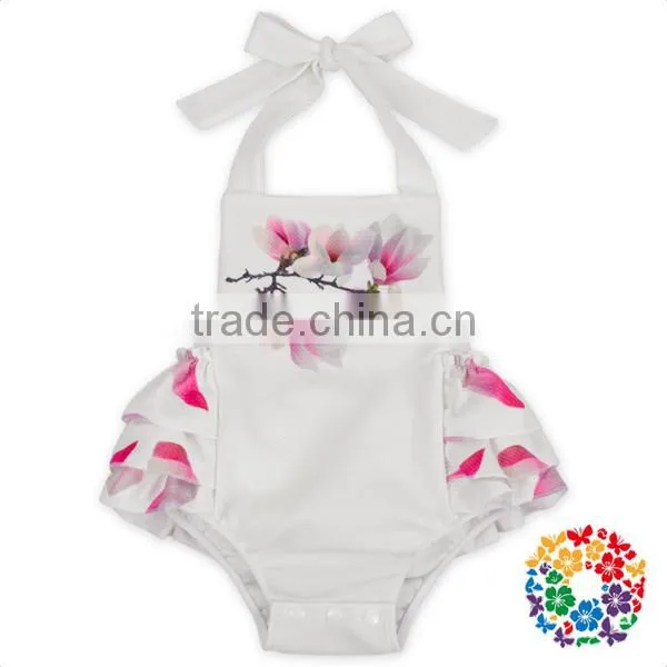 Boutique Girls Summer Backless Ruffle Halter Playsuit White Flower Kids Jumpsuit photo-2
